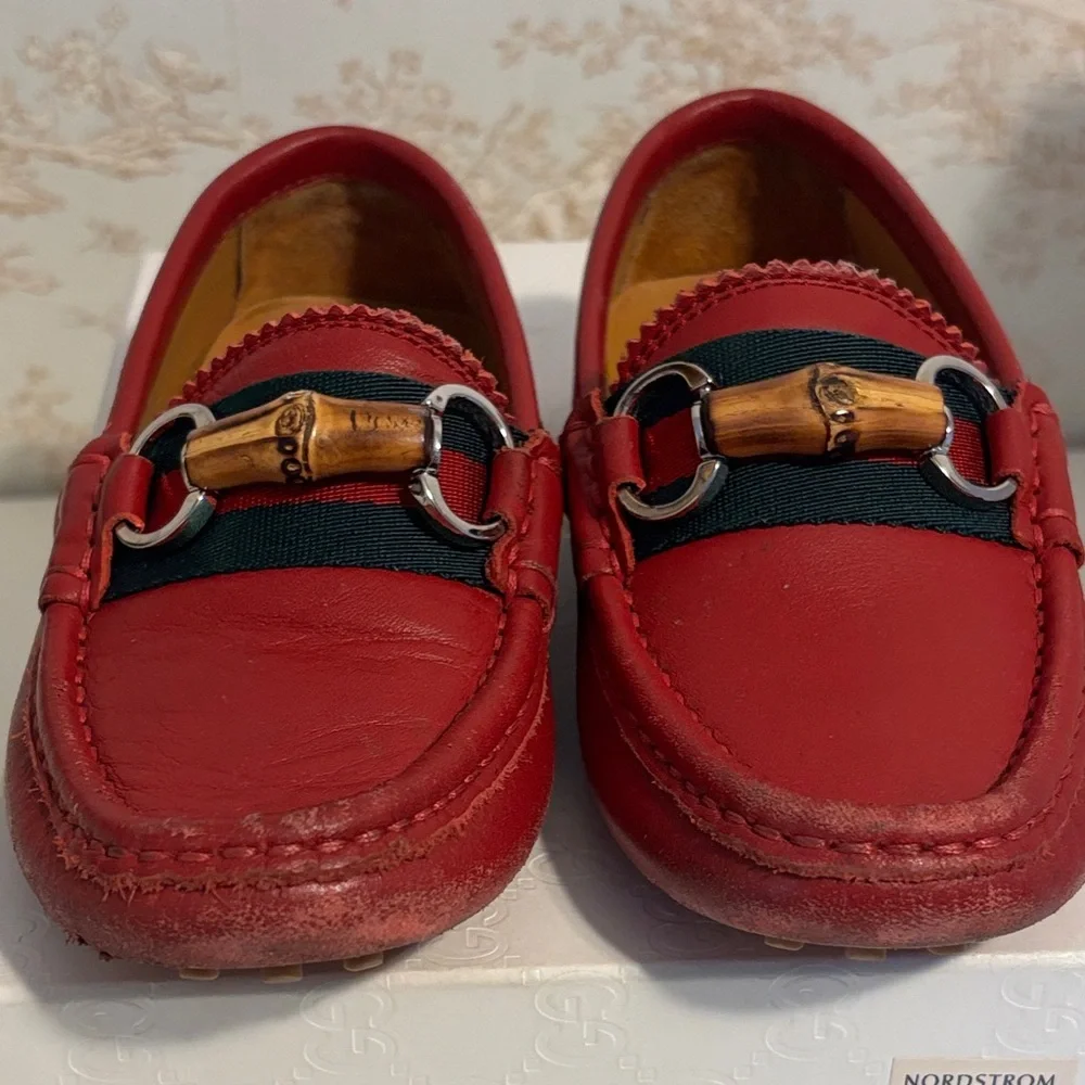 Gucci Red Kids Moccasins with Bamboo Detail
